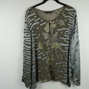 GALA Collection Silk Floral Print Tunic Top Olive Green Abstract Size 2XL Artsy